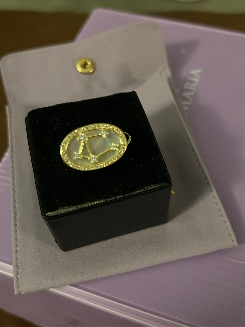 Melinda Maria 18 karat gold clad Gold Zodiac Constellation ring with CZ. Libra.